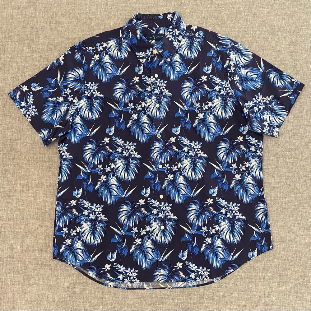 Polo Ralph Lauren Mens XL Blue Floral Blue Logo Short Sleeve Cotton Oxford Shirt